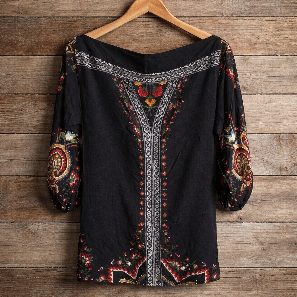 Farm Rio M Black Embroidered V-Back Mini Dress or Tunic Boho‎ Brazilian Puff Slv